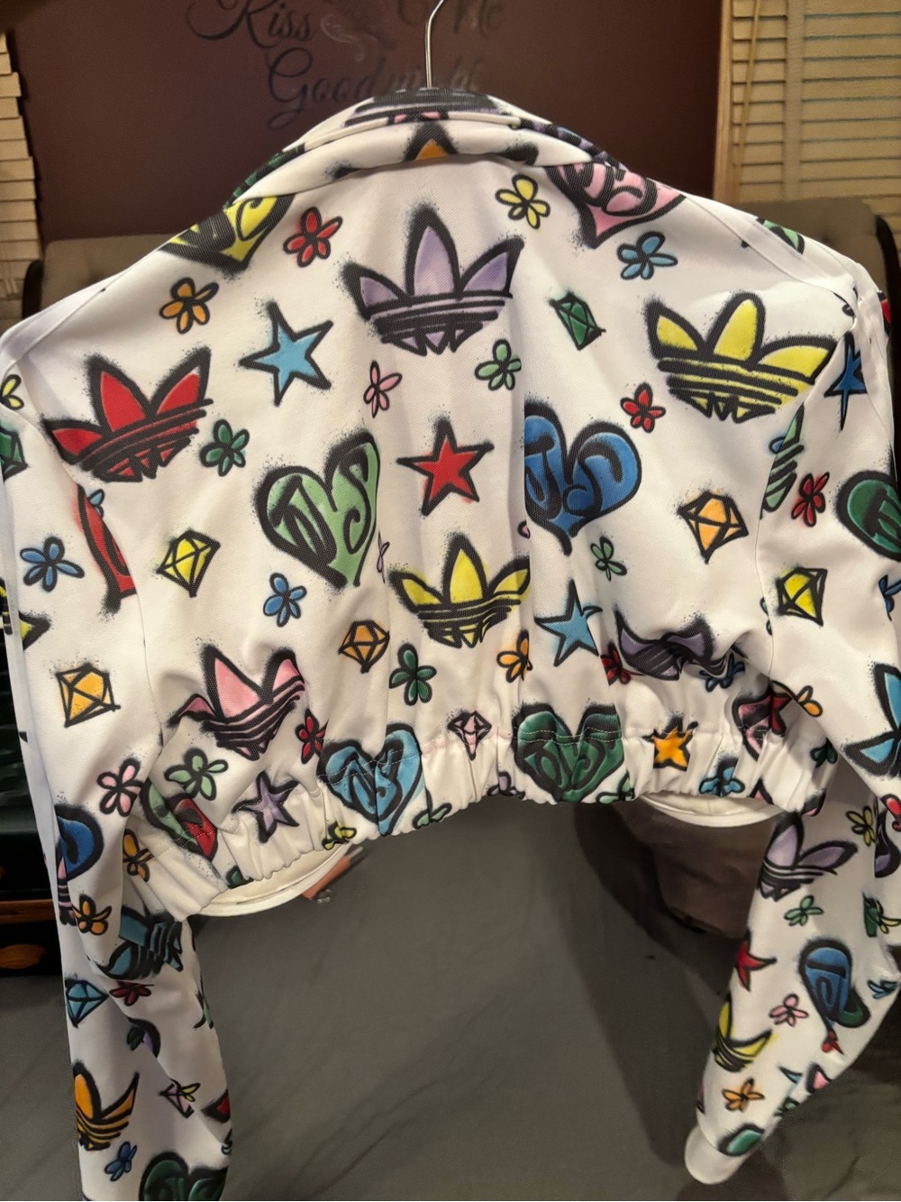 adidas White Cropped Graphic Logo Windbreaker with Multicolor Prints